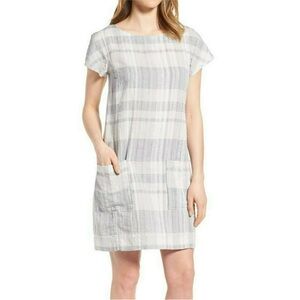EILEEN FISHER Chambray Airy Organic Linen Cotton Plaid Shift Dress Medium